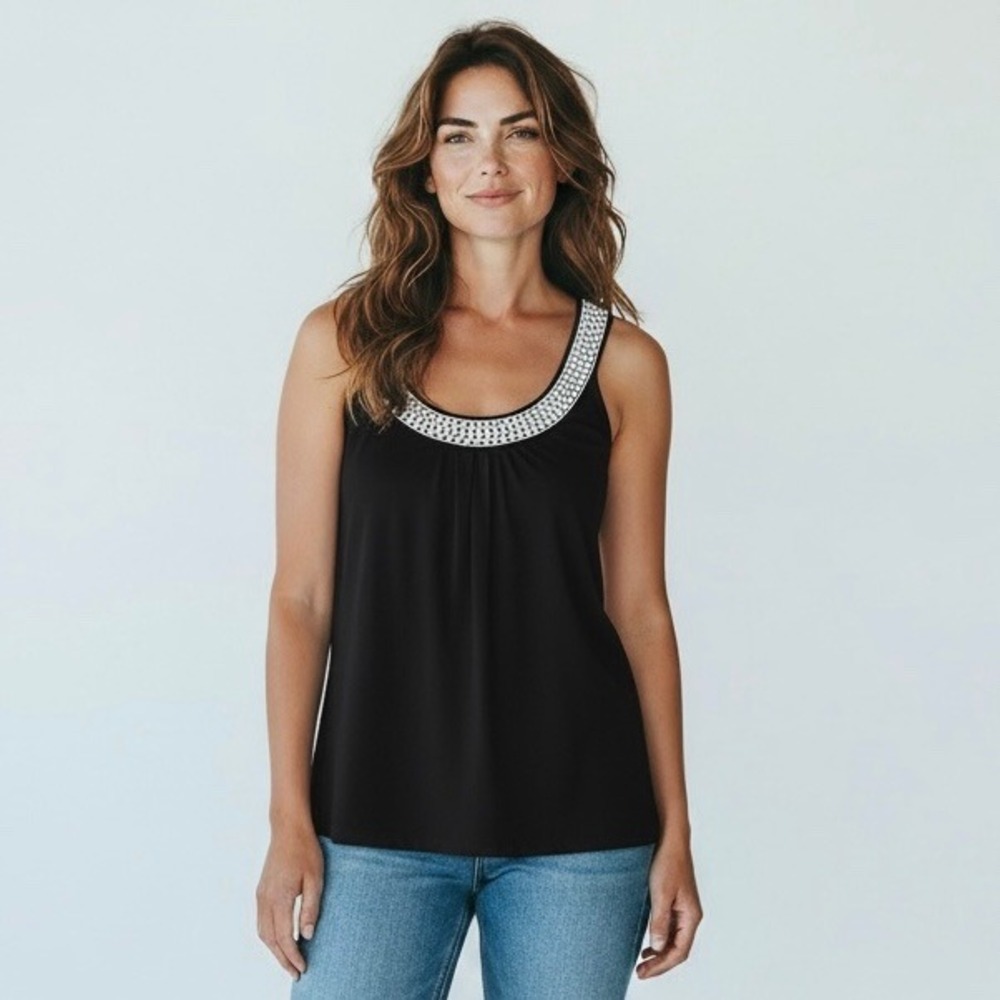 Talbots Womens Petite Medium Black Beaded Scoop Neck Tank Top Sleeveless Bead A6
